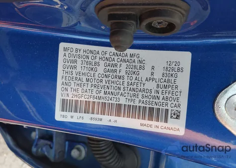 2021 Honda Civic Sedan Lx from USA, damaged, VIN 2HGFC2F64MH524733